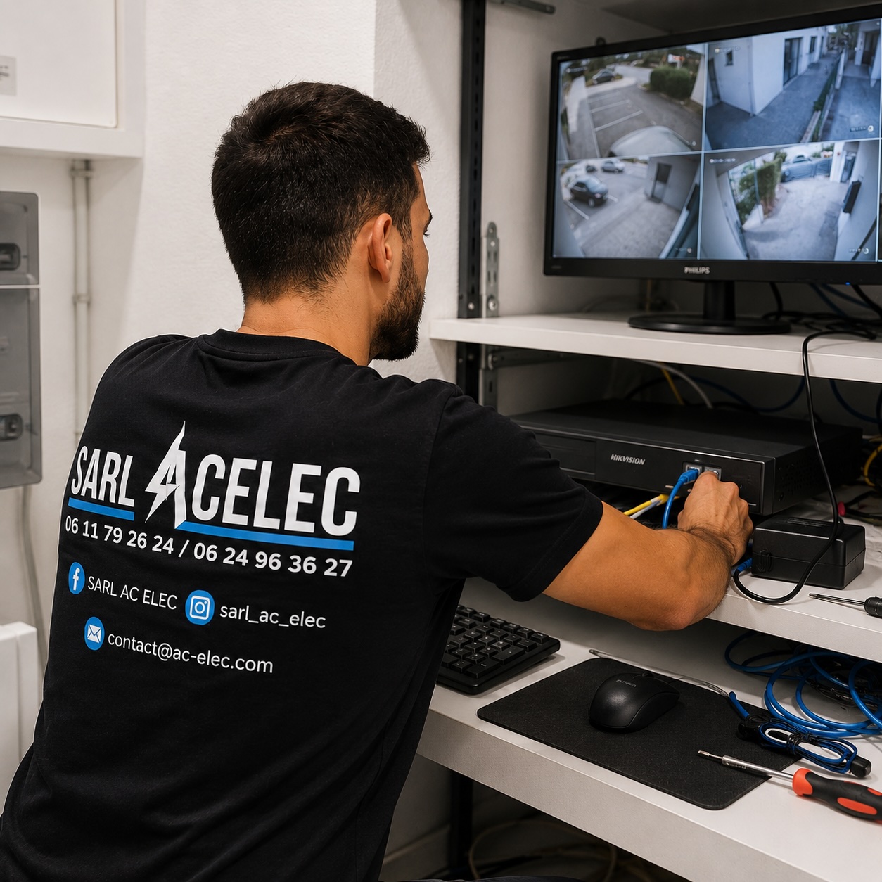 électricien qui règle des écrans de vidéosurveillance