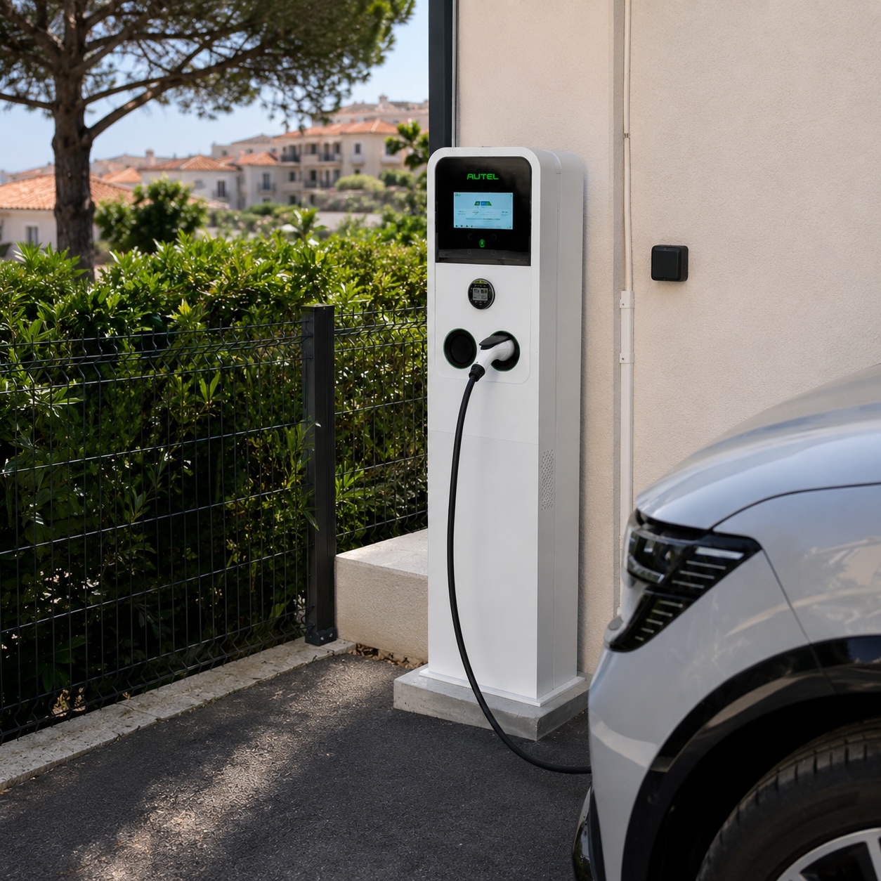 Modern home with EV charger and greenery