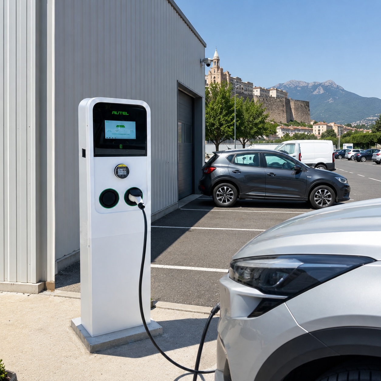 bornes de recharge sur le parking d'une entreprise à Bastia
