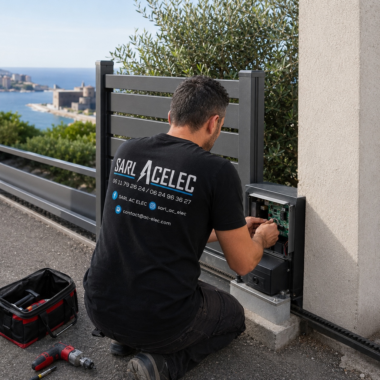 électricien ACELEC dépannant une motorisation de portail à Bastia