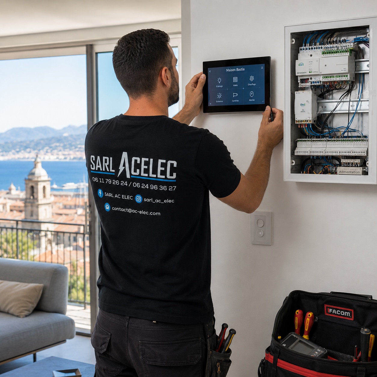 électricien ACELEC installant un système domotique à Bastia
