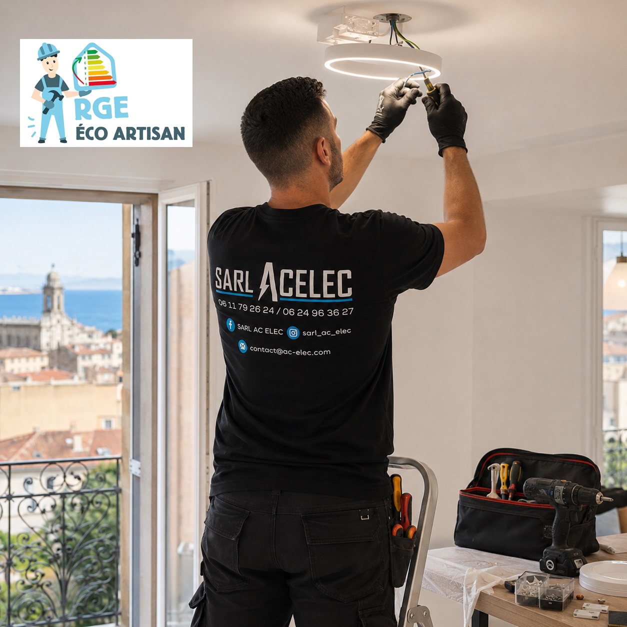 électricien RGE ACELEC installant un éclairage LED à Bastia