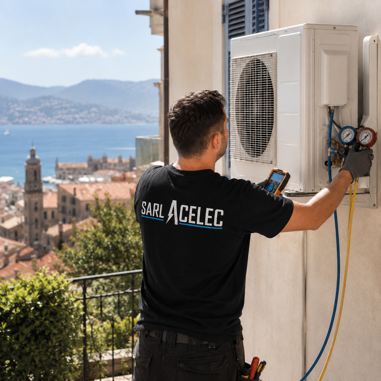 technicien contrôlant une unité extérieure de climatisation à Bastia